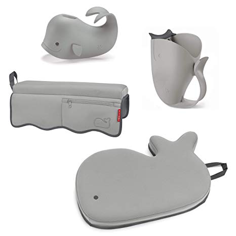 Skip Hop Moby Baby Bath Set, Four Bathtime Essentials - Spout Cover, Bath Kneeler, Elbow Pad, and Waterfall Rinser, Grey