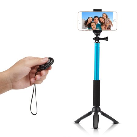 Accmor Rhythm Pro Selfie Stick Extendable Handheld Monopod with Mini Tripod Stand  Bluetooth Remote Shutter for iOS and Android Devices - Sky Blue