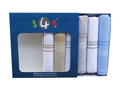 S4S Men's 100% Cotton Premium Collection Handkerchiefs - Pack of 6 (3 White Striped and 3 Multicolor_46X46 CM)