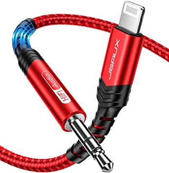 JSAUX Aux Cable, [Apple Certified 1.8M] Aux Cable for iPhone Nylon Braided Aux to Lightning Cable iPhone iPad Lightning to 3.5mm Headphone Adapter Compatible with iPhone 12 mini/Pro 11 8 7 X XR -Red