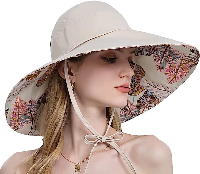 Womens Sun Hat Wide Brim, Summer UV Protection Beach Hat with Ponytail Hole, Foldable Outdoor Girls Cap for Travel Fishing
