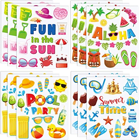 171 Pieces Summer Window Clings Double Sided Beach Pool Party Static Window Decal Hawaiian Window Stickers for Refrigerator Window Glass Car Summer Party Tropical Party Decoration, 12 Sheets