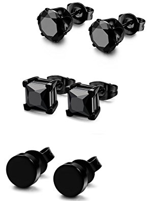 FIBO STEEL 3 Pairs Stainless Steel Black Stud Earrings for Men Women CZ Earrings, 3mm-8mm Available