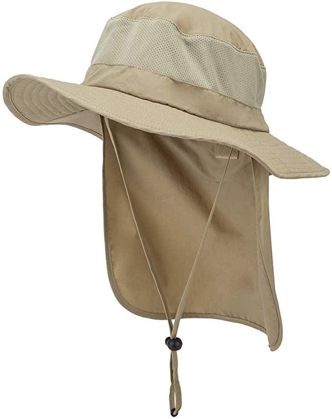 Lenikis Unisex Sun Hat Outdoor UV Protecting Wide Brim Mesh Fishing Hat with Velcro Stowable Neck Flap