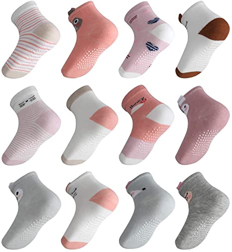 Lictin Baby Socks Non Skid Socks - 12 Pairs Girls Animal 3D Design Assorted Colored Socks, 1-3 Year Pink/White/Grey/Rose Red Cotton Socks Infant Toddler Socks