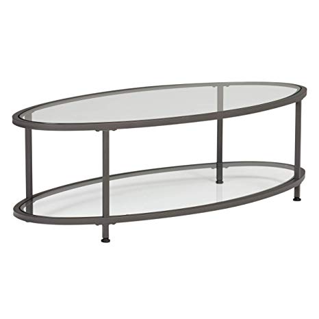 Studio Designs Home Camber Oval Glass Coffee Table In Pewter With Clear Glass, Living Room Coffee Table, 48", 71014