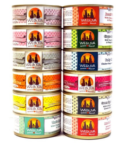 Weruva Grain Free Canned Dog Food Variety Pack - 12 Flavors (Grandma's Chicken Soup, Wok the Dog, Peking Ducken, Amazon Liver, Steak Frites, Funky Chunky, Cirque de la Mar, Paw Lickin' Chicken, Jammin' Salmon, Marbella Paella, Green Eggs & Chicken, and That's My Jam!) - 5.5 Ounces Each (12 Total Cans)