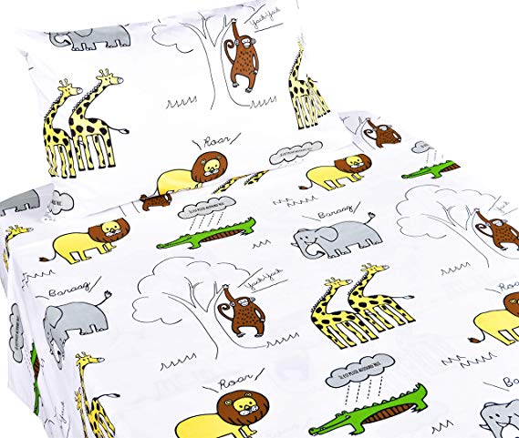 J-pinno Jungle Animals Lion Giraffe Monkey Twin Sheet Set for Kids Boy Children,100% Cotton, Flat Sheet + Fitted Sheet + Pillowcase Bedding Set