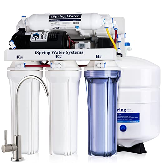 iSpring RCC7P 5-Stage Reverse Osmosis Water Filter System with Pump & Brushed Nickel Faucet - 75 GPD, TDS Reduction, Water Softener, RO Drinking Water Filtration System