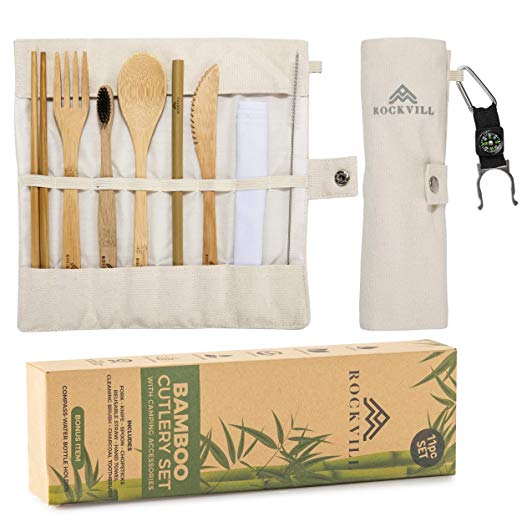 Bamboo Utensils Cutlery Set Reusable Cutlery Travel Set Eco-Friendly Wooden Silverware Camping Outdoor Portable Utensils with Case Bamboo Spoon, Fork, Knife, Chopsticks, Reusable Straw (White)
