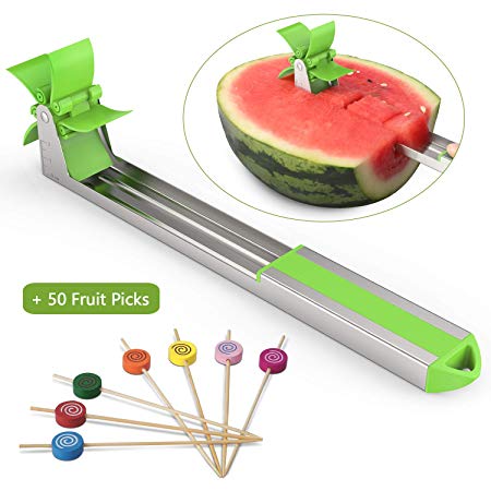 Watermelon Slicer Cutter, WaterMelon Windmill Cutter, Melon Cube Slicer Cutter Fruit Corer Server With 50 Pcs Colorful Bamboo Skewers Cocktail Picks,By Merssyria