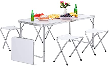 GARTIO 4FT Aluminum Folding Table, Fold-in-Half, Height Adjustable Portable Lightweight Camping Beach Dining Utility Desk, with Handles and 4 Chairs, for Indoor Outdoor Garden Picnic Party, White
