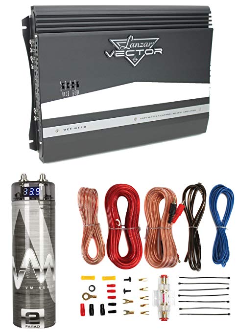 Lanzar VCT4110 2000W 4-Channel Car Amplifier   2-Farad Capacitor   8 Ga Amp Kit