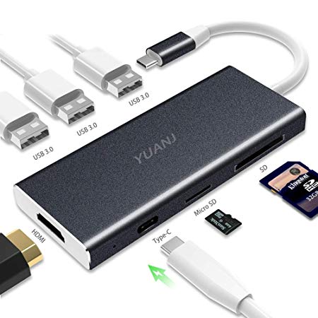 USB Type C Hub Adapter, Yuanj 7 in 1 Multi-Port USB 3.0 Type-C Adapter with 4K USB C to HDMI, 3 USB 3.0 Ports, SD/Micro Card Reader and USBC Charging Port, Type-C USB for MacBook Pro and More