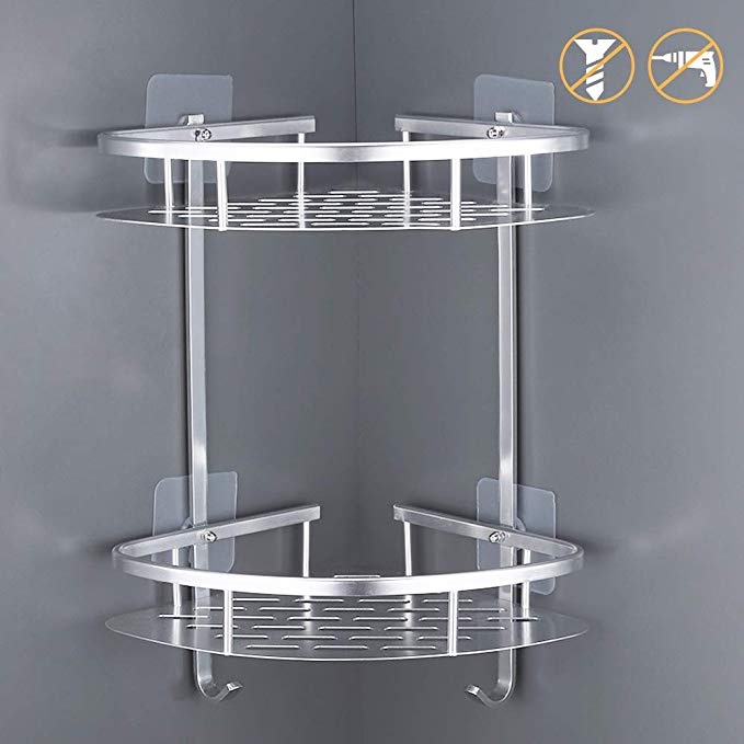 Kes No Drill Bathroom Corner Shelf 2-Tier Aluminum Shower Caddy Organizer Self Adhesive Suction Cup Drill Free Triangle Shelf Anodized, A4022BDF