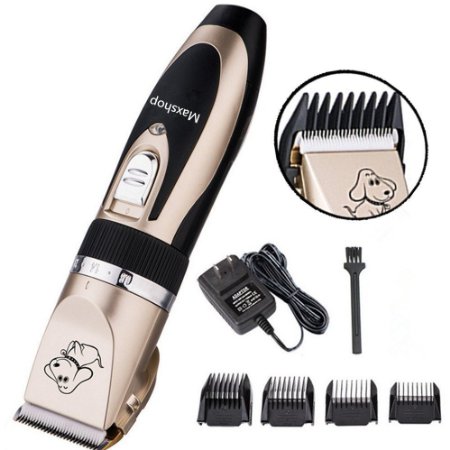 Maxshop Low Noise Rechargeable Cordless Pet Dogs and Cats Electric Clippers Grooming Trimming Kit Set (Gold Black)