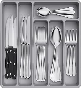 Lifewit Silverware Drawer Organizer Tray, Plastic Cutlery Storage for Kitchen Drawer, Flatware and Utensil Holder Divider for Spoons Forks Knives Tableware, 6 Compartment, Gray