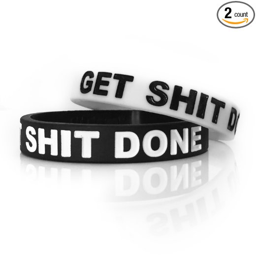 Inspirational Rubber Band Bracelets Silicone Wristbands Custom Embossed With Motivational Saying "GET SHIT DONE". Perfect for Fitness, Basketball, CrossFit, Sports & Completing Tasks with Style.