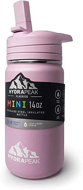 Hydrapeak Mini BPA Free Kids Water Thermos with Straw Lid 14oz - Stainless Steel Vacuum Insulated Toddler Water Bottle for Girls and Boys (Pink)