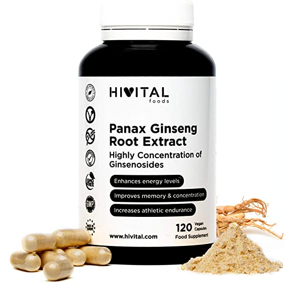 Korean Panax Ginseng Highly Concentrated 2500mg | 120 Vegan capsules | Improves concentration, memory and athletic endurance | by Hivital