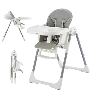 CO-Z Portable High Chair for Babies and Toddlers 6-36 Months Old, Folding Kids Chair with Adjustable Backrest, Footrest, Tray, and Seat Height, Detachable Leather Cushion, Built-in Rear Wheels, Gray