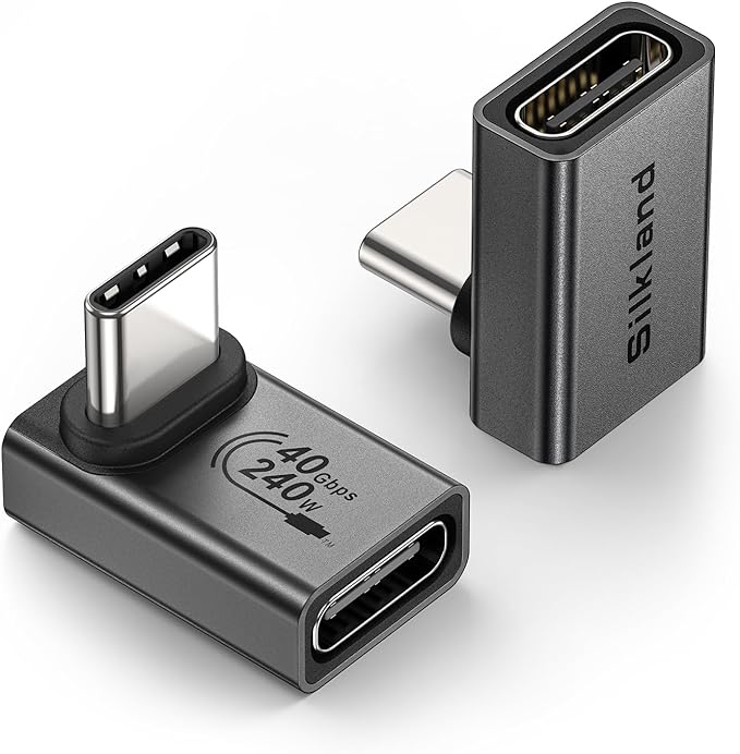 Silkland USB C 90 Degree Adapter 2 Pack, 240W 40Gbps USB C Male to USB C Female Right Angle Adapter Extender Compatible with Thunderbolt 4/3 for Steam Deck, ROG Ally, MacBook, Switch, iPhone 15