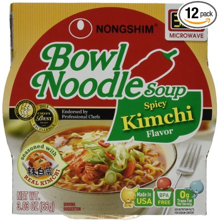 Nongshim Bowl Noodle Soup, Spicy Kimchi, 3.03 Ounce (Pack of 12)
