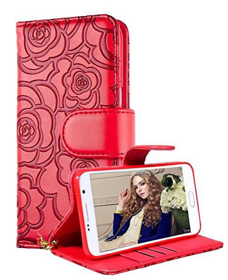 Galaxy S6 Edge Plus Wallet Case, FLYEE Premium Vintage Emboss Flower Flip Wallet Shell PU Leather Magnetic Cover Skin with Detachable Wrist Strap Case for Samsung Galaxy S6 Edge Plus (Red)