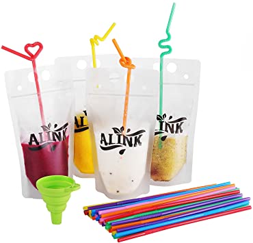 ALINK Frozen Ziplock Smoothie Bags, Empty Plastic Drink Pouches Juice Container, Set of 50 with Flexible Straws and Funnel