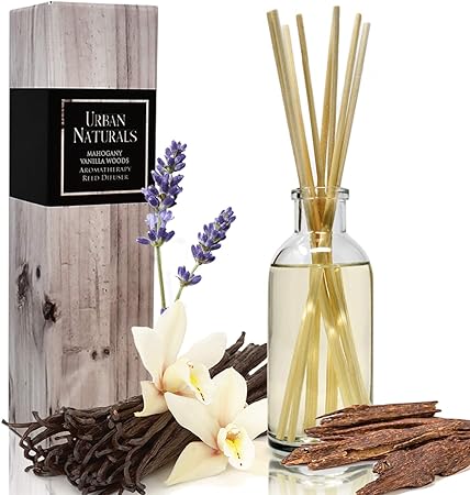 Urban Naturals Mahogany Vanilla Woods Reed Diffuser Set – Made with Essential Oils & Real Botanicals – Decorative Air Freshener and Beautiful Home Décor – Made in The USA