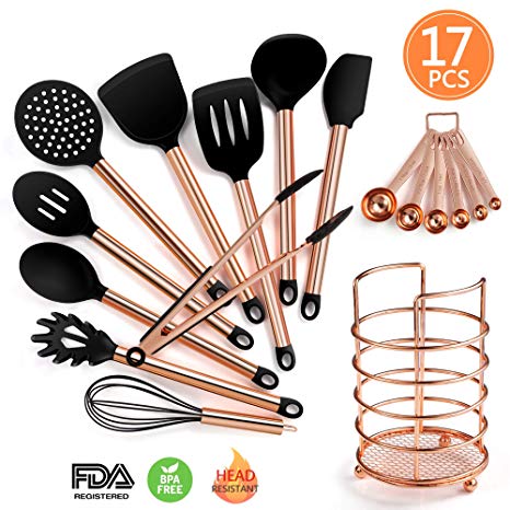 MIBOTE 17pcs Silicone Cooking Kitchen Utensils Set with Stainless Steel Handle and Holder, Bonus High Value Stainless Steel Measuring Spoons