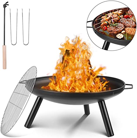 femor Fire Bowl Diameter 59 cm, Fire Pit with Grill Grate and Handles, Multifunctional Fire Pit for Heating/BBQ, Garden Fire Basket and Grill, for Camping Picnic Garden, 68 x 59 x 28.5 cm