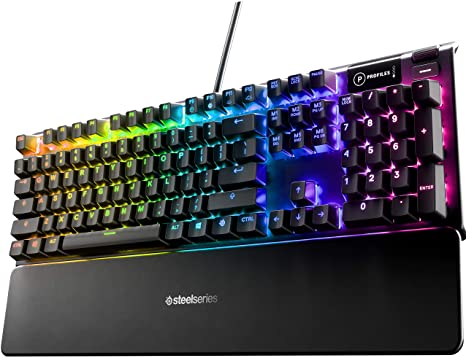 SteelSeries Apex 5 Hybrid Mechanical Gaming Keyboard – Per-Key RGB Illumination – Aircraft Grade Aluminum Alloy Frame – OLED Smart Display (Hybrid Blue Switch)