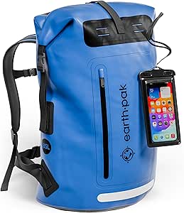 Earth Pak Waterproof Backpack - Heavy Duty Hiking Backpack - Roll-Top Closure - Waterproof Bag - Cushioned Dry Bags Waterproof w/ IPX8 Waterproof Phone Case - Wet Bag for Hiking, Kayak (Blue, 85L)