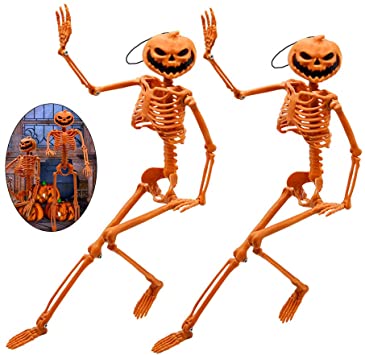 Skeleton for Halloween, Halloween Decorations Skull 14" Full Body Pumpkin Shape Realistic Faux Human Skeleton Halloween Skull Decor Halloween Decor Gift Halloween Party Toys 2 Packs
