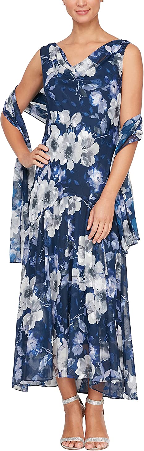 Alex Evenings Women's Sleeveless Printed Chiffon Dress with Shawl