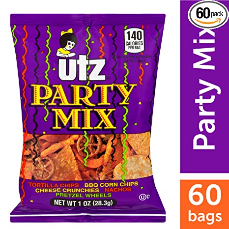 Utz Party Mix – 1 oz. Bags (60 Count) Tasty Snack Mix of Corn Tortilla, Nacho Tortilla, Pretzel, BBQ Corn Chip and Cheese Curl, Perfect for Vending Machines, Individual Snacks to Go, Trans-Fat Free