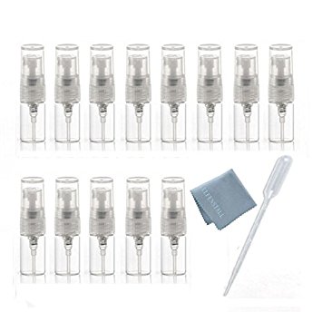 ELFENSTALL 10pcs Mini Clear 2ml 5/8 Dram Fine mist Atomizer Vial Glass bottle Spray Refillable Perfume Empty Sample Bottle Clean Cloth for Travel Party free 3ML Dropper