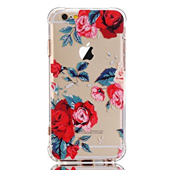 iPhone 6/6S Case with flowers, LUOLNH Slim Shockproof Clear Floral Pattern Soft Flexible TPU Back Cover [4.7 inch] -Red Rose