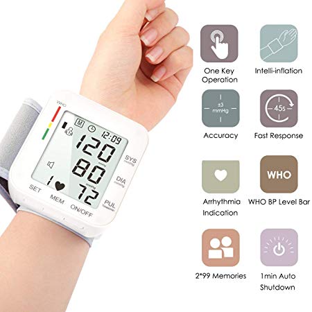 Automatic Wrist Blood Pressure Monitor Voice Broadcast High Blood Pressure Monitors Portable LCD Screen Irregular Heartbeat Monitor with Adjustable Cuff and Storage Case Powered by Battery -White