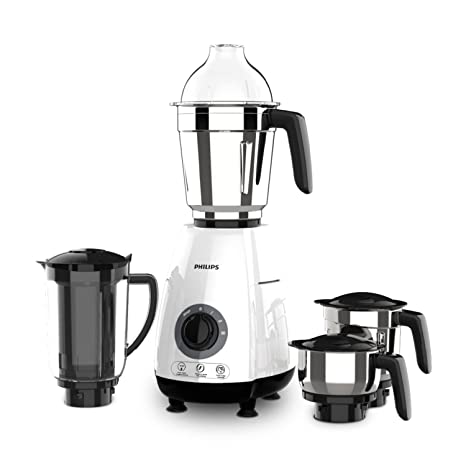 Philips Domestic Appliances 1000 Watt Mixer Grinder with 4 Stainless Steel Multipurpose Leak-Proof Jars, 3 Speed Control and Pulse function, 2 Years Warranty (HL7703/00, White & Black)