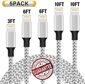 iPhone Charger,MFi Certified Lightning Cable 5Pack Extra Long Nylon Braided USB Charging & Syncing Cord Compatible iPhone Xs/Max/XR/X/8/8Plus/7/7Plus/6S/6S Plus/5S/SE/iPad- Grey White