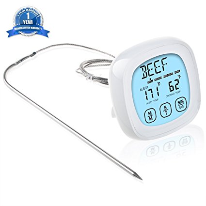 Meat Thermometer, WeGuard Instant Read Meat Thermometer with Stainless Steel Probe, Touchscreen Digital Food Thermometer with Timer Alert for Kitchen Cooking BBQ Grill Smoker (White)