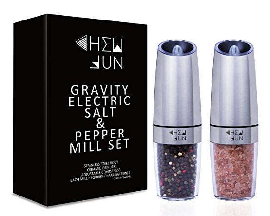 Gravity Electric Salt and Pepper Grinder Set of 2 - Pepper Mill and Salt Mill with Adjustable Ceramic Rotor, Automatic Operation, Blue LED Light, Battery Powered, Brushed Stainless Steel by CHEW FUN