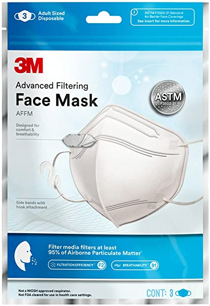 3M Advanced Filtering Face Mask Side Bands With Hook Attachment AFFM-3, One Size, 3-Pack White