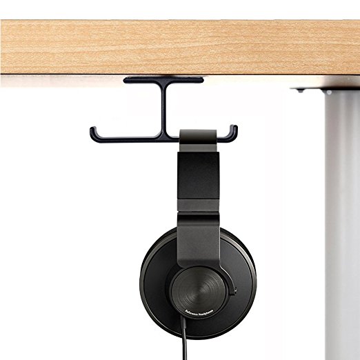 Headset Headphone Mount, 6amLifestyle Aluminum Under desk Dual Headsets Hanger Holder Stand, Stick-On Hooks Universal for All Headphones, Black (Patented)