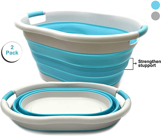 SAMMART Set of 2 Collapsible Plastic Laundry Basket - Oval Tub/Basket - Foldable Storage Container/Organizer - Portable Washing Tub - Space Saving Laundry Hamper (2, Grey/Bright Blue)