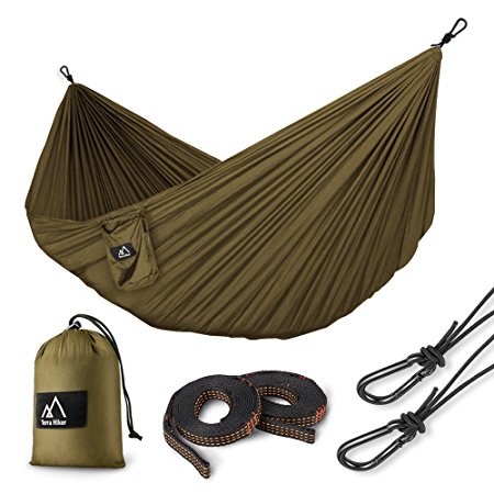 Terra Hiker Single Hammock, Waterproof Lightweight Hammock, Straps & Carabiners Included for Camping, Beach, Yard, in Olive Green