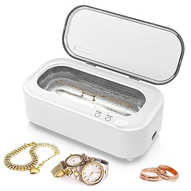 Ultrasonic Jewellry Cleaner 350ml, 47KHz Portable Professional Household Ultrasonic Cleaner Machine for Jewelry Glasses Watches Silver Rings Necklace Shavers Dentures Coins