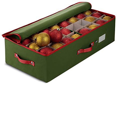 ZOBER Underbed Christmas Ornament Storage Box Zippered Closure - Stores up to 64 of The 3-inch Standard Christmas Ornaments, and Xmas Holiday Accessories Storage Container with Dividers & Two Handles